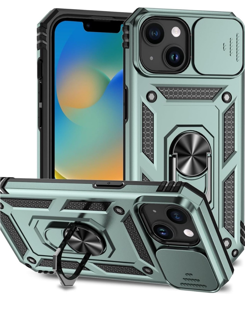 iPhone 15 Case w/ Slide Camera Cover, 360° Kick Stand, Magnetic Car Mount